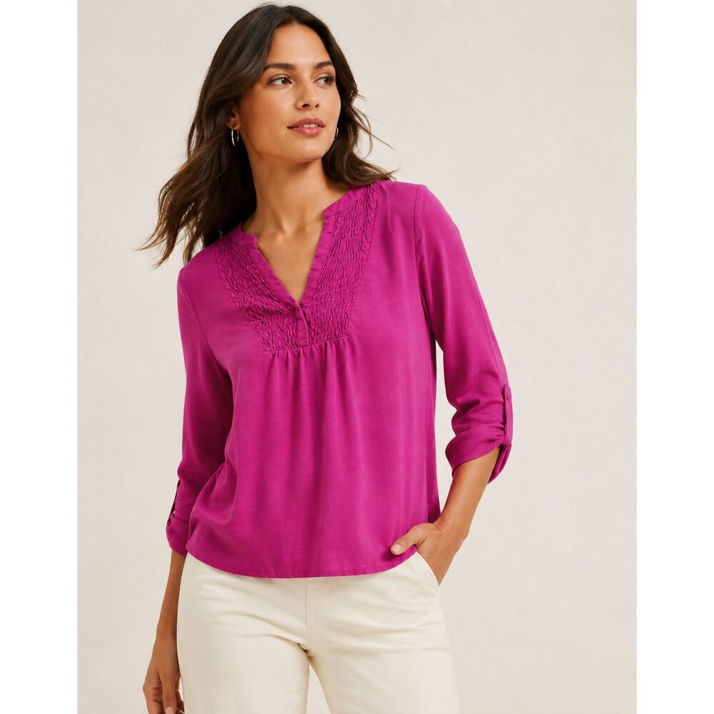 🍓 LOFT Raspberry V-Neck Top with 3/4 Sleeves and Smocked Detail – Size Medium
